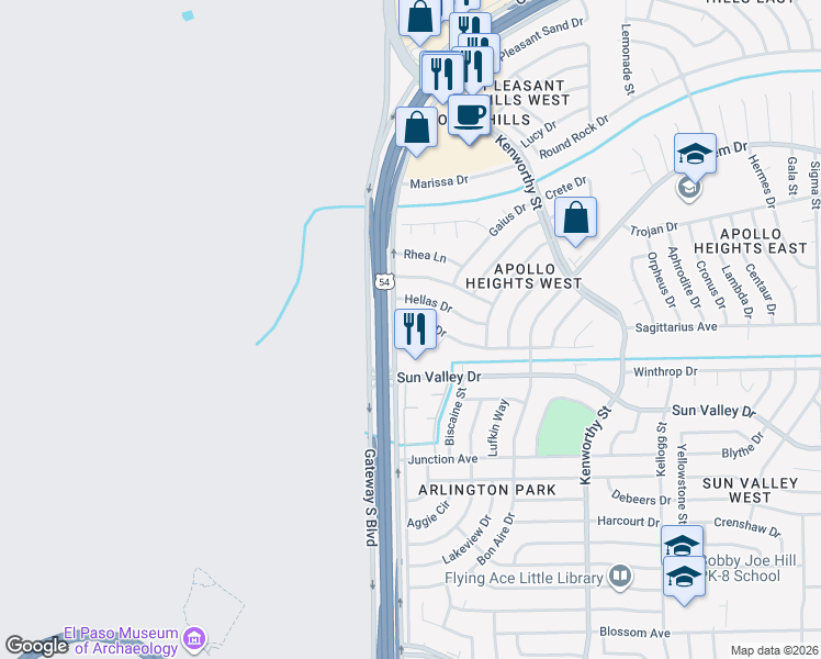 map of restaurants, bars, coffee shops, grocery stores, and more near 10405 Gracecus Court in El Paso