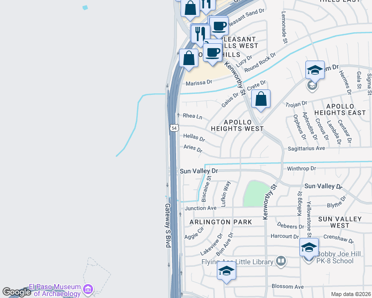 map of restaurants, bars, coffee shops, grocery stores, and more near 10405 Gracecus Court in El Paso