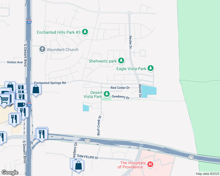 map of restaurants, bars, coffee shops, grocery stores, and more near Red Cedar Drive in Canutillo