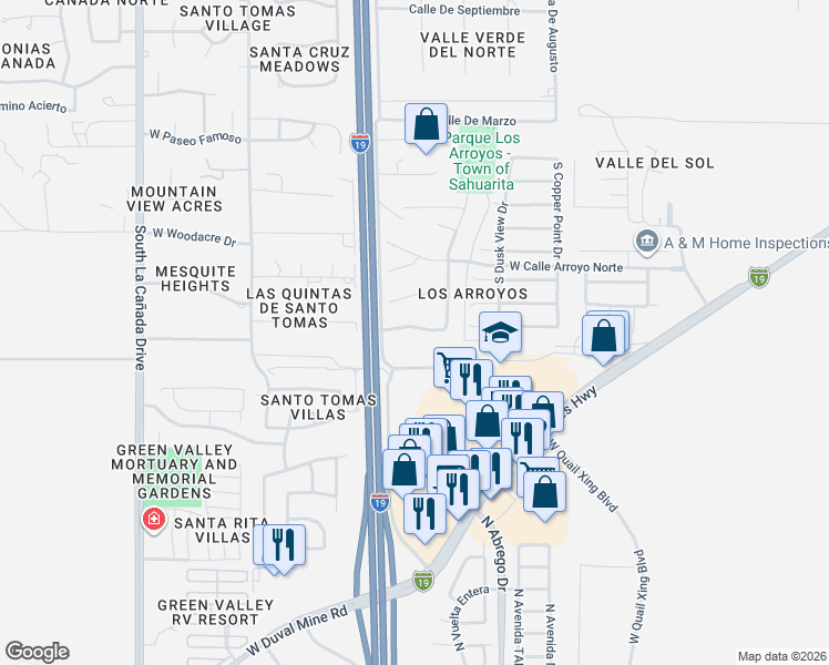 map of restaurants, bars, coffee shops, grocery stores, and more near 889 West Calle Barranca Seca in Green Valley