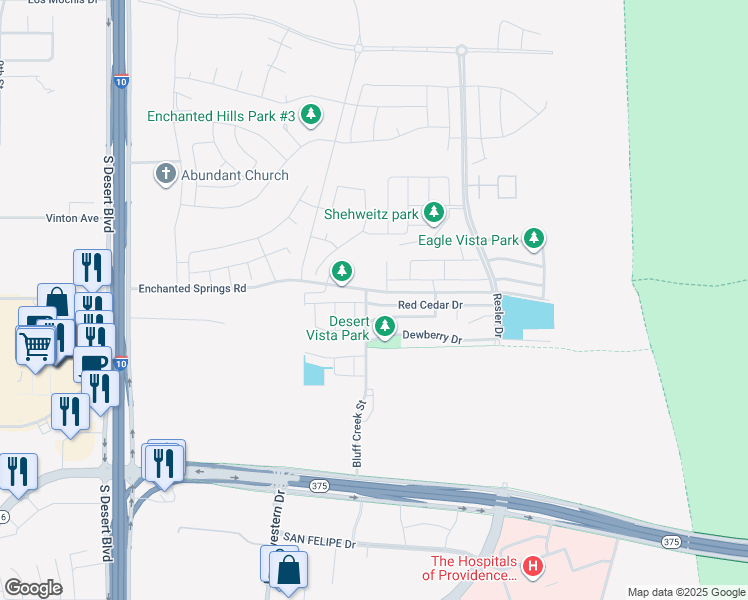 map of restaurants, bars, coffee shops, grocery stores, and more near 7565 Wolf Creek Drive in El Paso