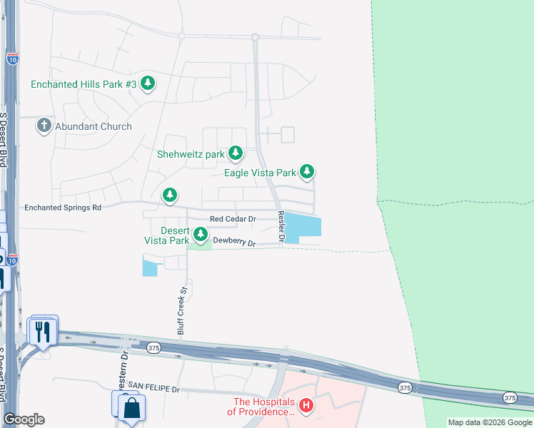 map of restaurants, bars, coffee shops, grocery stores, and more near 7409 Eagle Vista Drive in El Paso