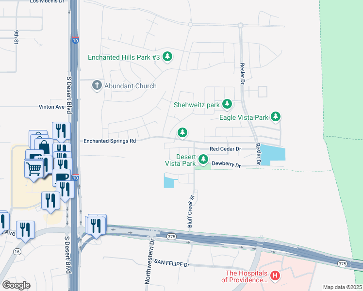 map of restaurants, bars, coffee shops, grocery stores, and more near 7896 Enchanted Path Drive in El Paso