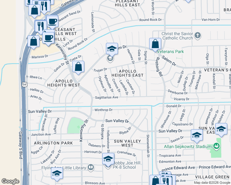 map of restaurants, bars, coffee shops, grocery stores, and more near 10420 Aphrodite Drive in El Paso