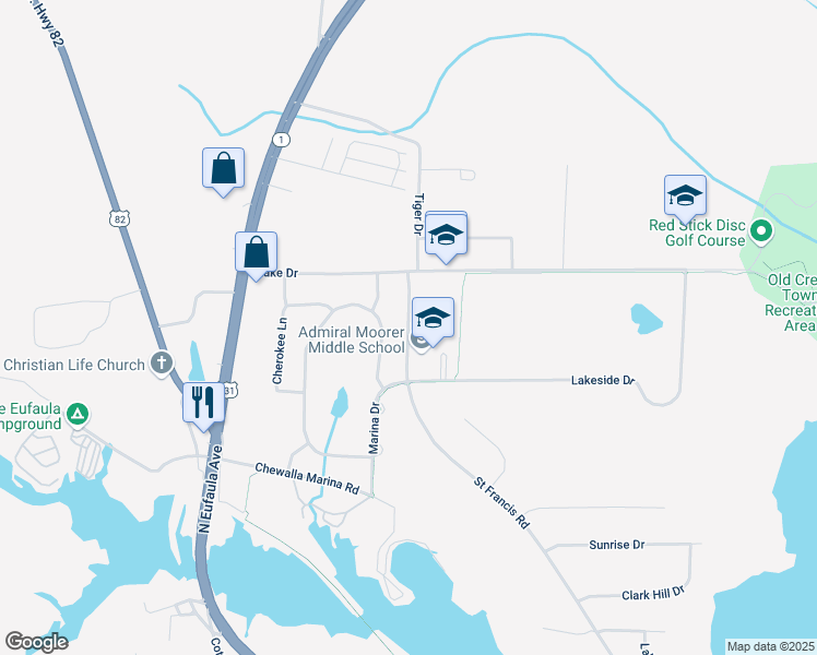 map of restaurants, bars, coffee shops, grocery stores, and more near 101 Saint Francis Road in Eufaula