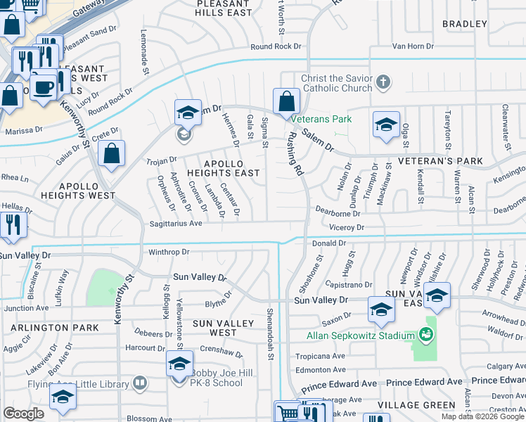 map of restaurants, bars, coffee shops, grocery stores, and more near 10417 Sigma Street in El Paso