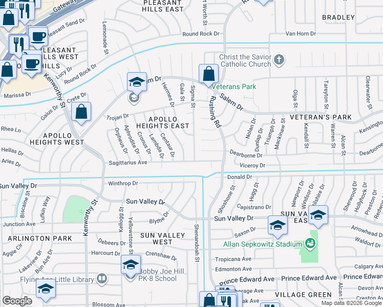 map of restaurants, bars, coffee shops, grocery stores, and more near 10417 Sigma Street in El Paso