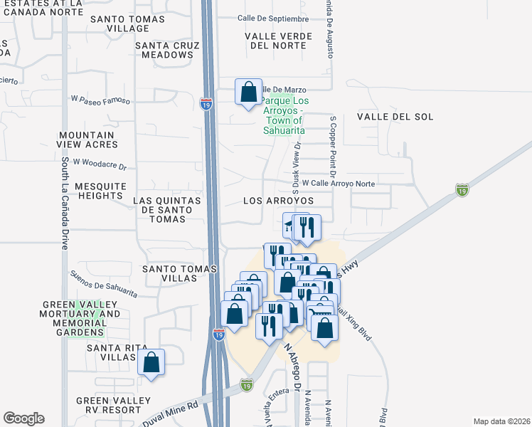 map of restaurants, bars, coffee shops, grocery stores, and more near 18445 South Avenida Arroyo Seco in Green Valley