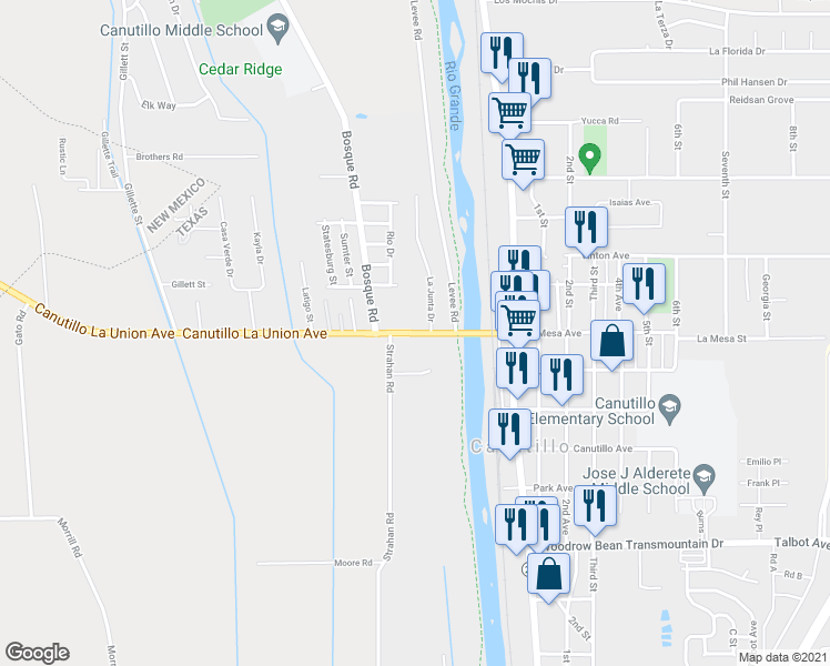 map of restaurants, bars, coffee shops, grocery stores, and more near 259 Farm to Market Road 259 in Canutillo