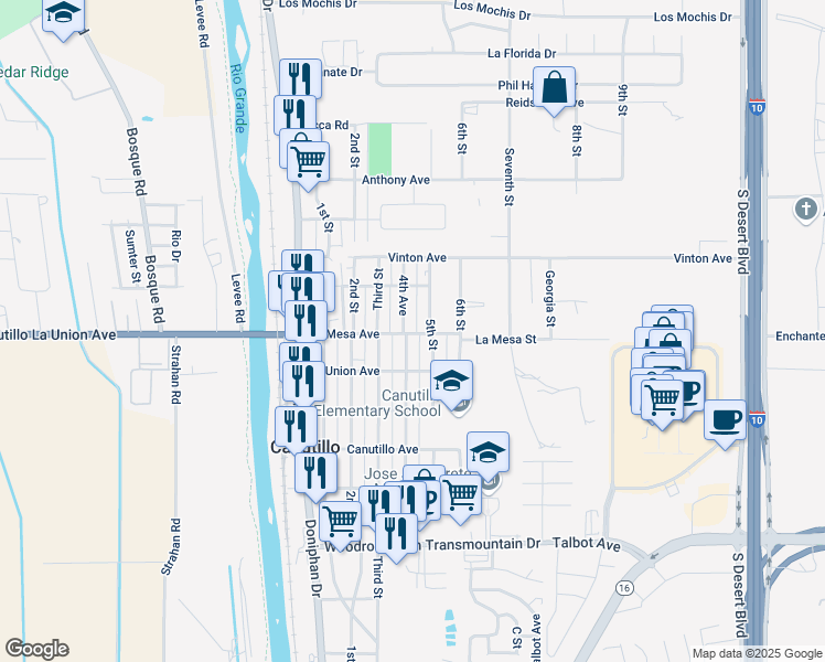 map of restaurants, bars, coffee shops, grocery stores, and more near 7106 4th Avenue in Canutillo