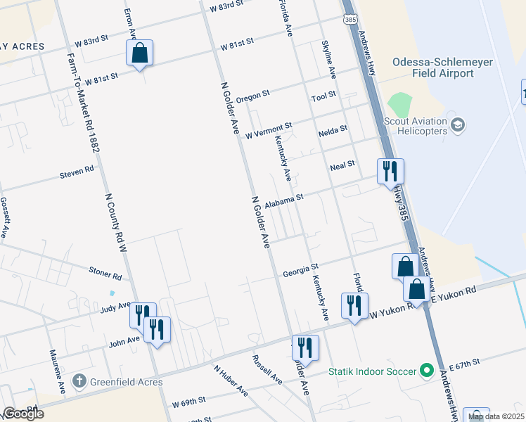 map of restaurants, bars, coffee shops, grocery stores, and more near 403-499 Alabama Street in Odessa