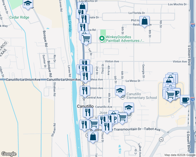 map of restaurants, bars, coffee shops, grocery stores, and more near 301 La Mesa Avenue in Canutillo