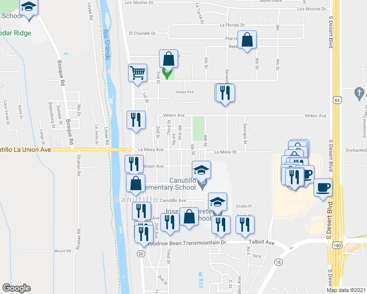 map of restaurants, bars, coffee shops, grocery stores, and more near 7106 4th Avenue in Canutillo