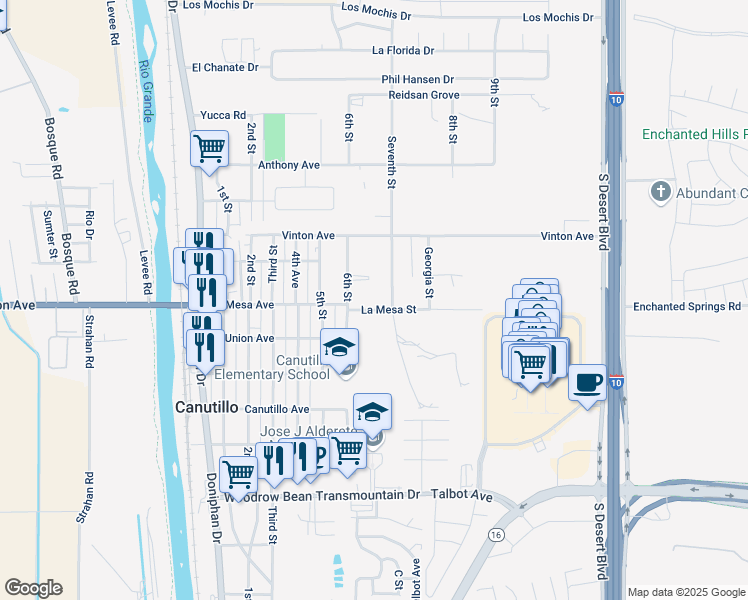 map of restaurants, bars, coffee shops, grocery stores, and more near 717 La Mesa Ave in Canutillo