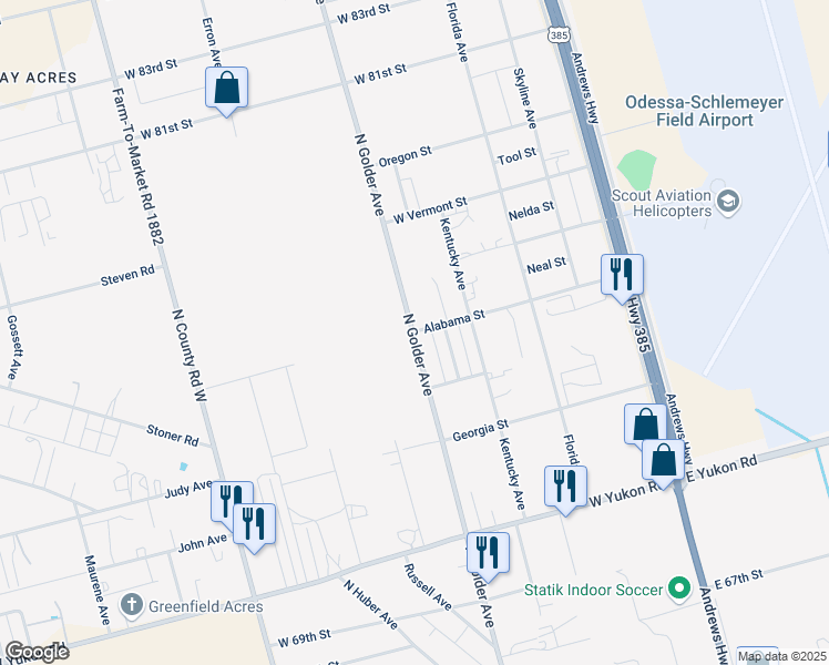 map of restaurants, bars, coffee shops, grocery stores, and more near 499 Alabama Street in Odessa
