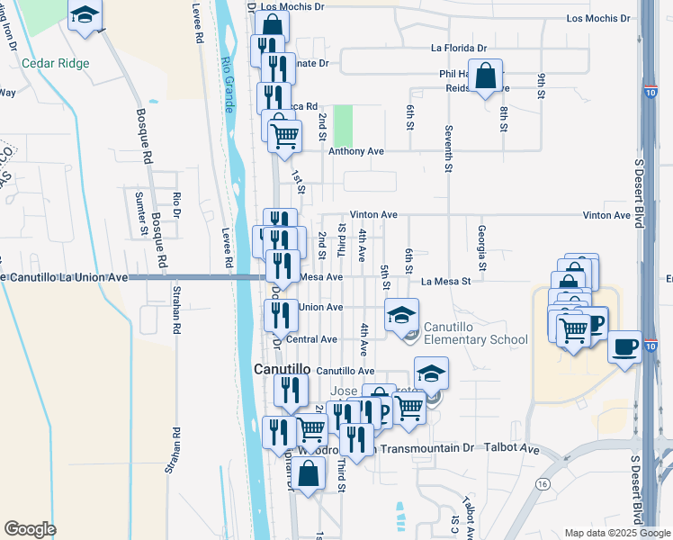 map of restaurants, bars, coffee shops, grocery stores, and more near 7105 Third Street in Canutillo