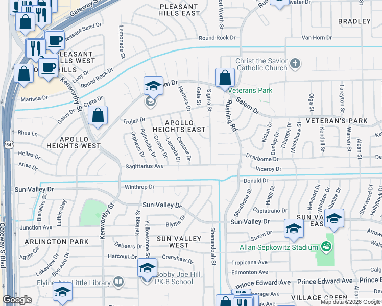 map of restaurants, bars, coffee shops, grocery stores, and more near 10416 Centaur Drive in El Paso