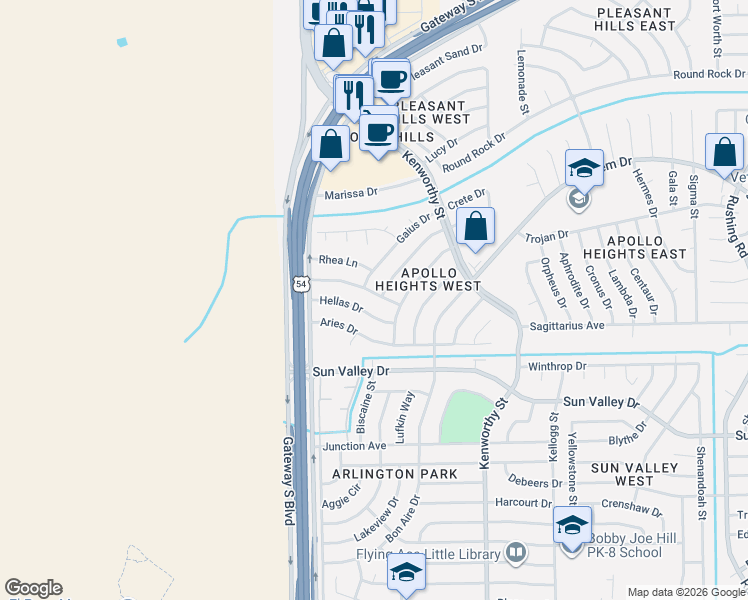 map of restaurants, bars, coffee shops, grocery stores, and more near 4608 Capricorn Drive in El Paso
