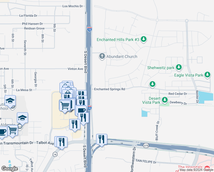 map of restaurants, bars, coffee shops, grocery stores, and more near 7892 Enchanted View Drive in Canutillo