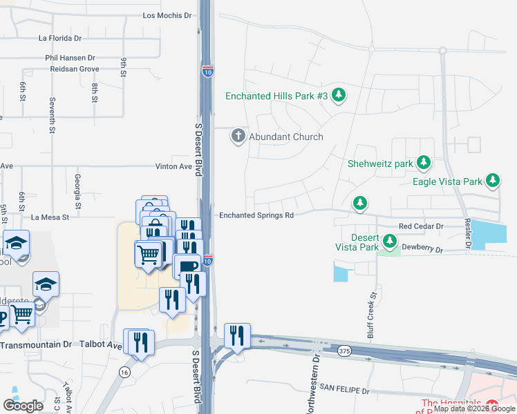 map of restaurants, bars, coffee shops, grocery stores, and more near 7892 Enchanted View Drive in Canutillo