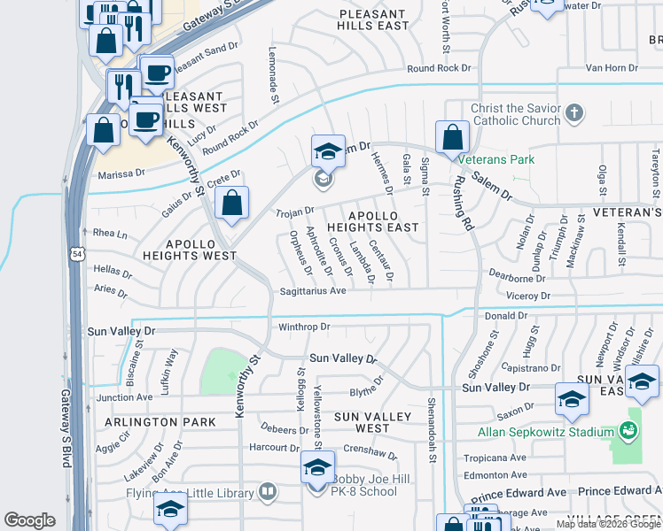 map of restaurants, bars, coffee shops, grocery stores, and more near 10420 Aphrodite Dr in El Paso