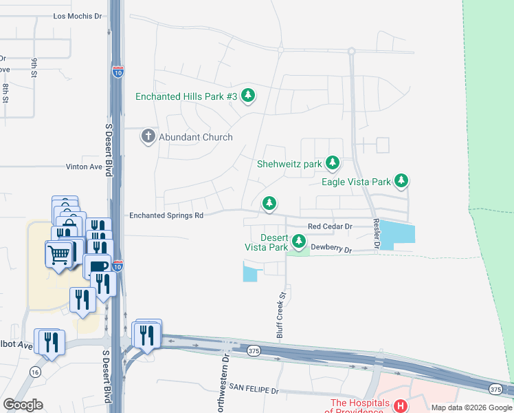 map of restaurants, bars, coffee shops, grocery stores, and more near 7896 Enchanted Path Drive in El Paso