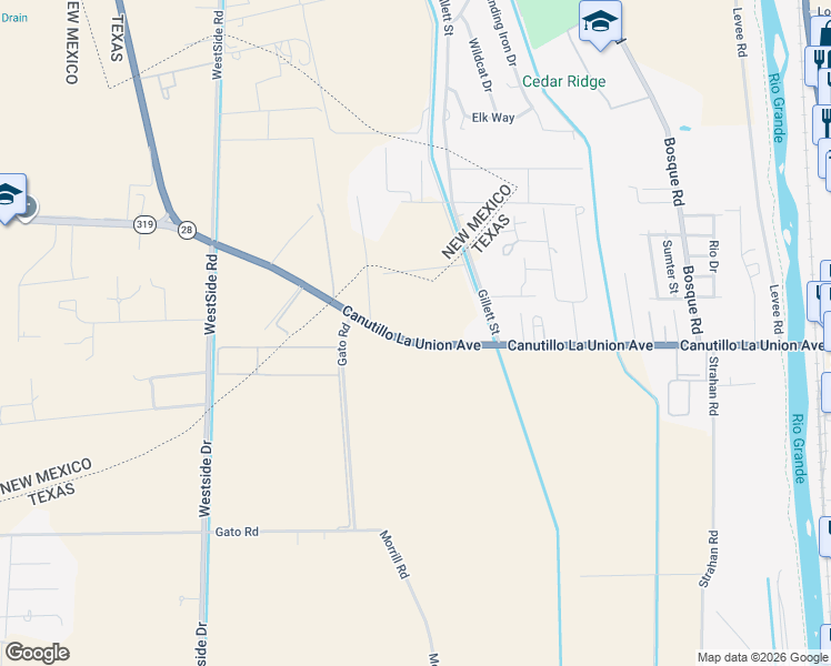 map of restaurants, bars, coffee shops, grocery stores, and more near 816 Farm to Market Road 259 in Canutillo