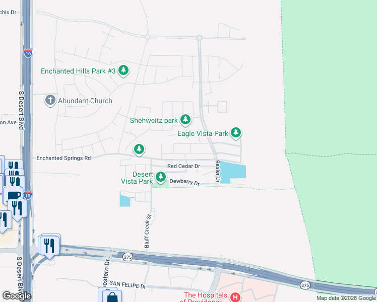 map of restaurants, bars, coffee shops, grocery stores, and more near 7445 Eagle Vista Drive in El Paso