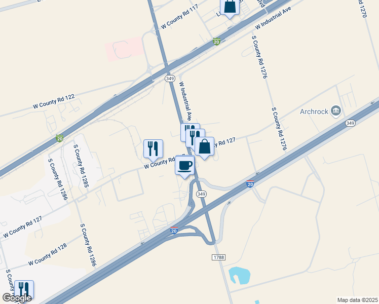 map of restaurants, bars, coffee shops, grocery stores, and more near 7099 Texas 349 in Odessa