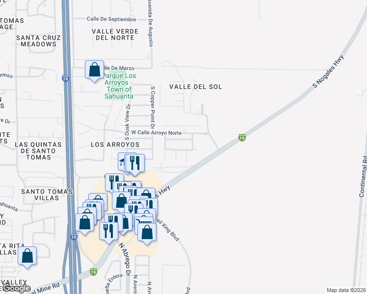 map of restaurants, bars, coffee shops, grocery stores, and more near 424 West Dawn Blossom Drive in Green Valley