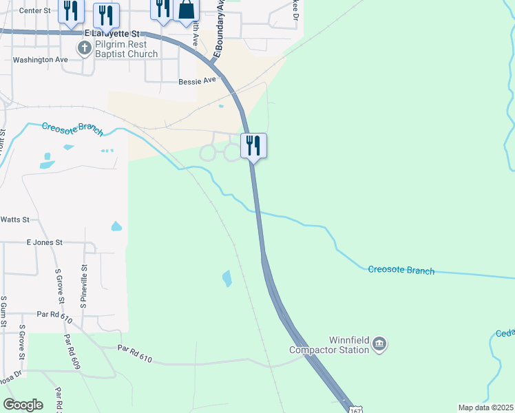 map of restaurants, bars, coffee shops, grocery stores, and more near U.S. 167 in Winnfield