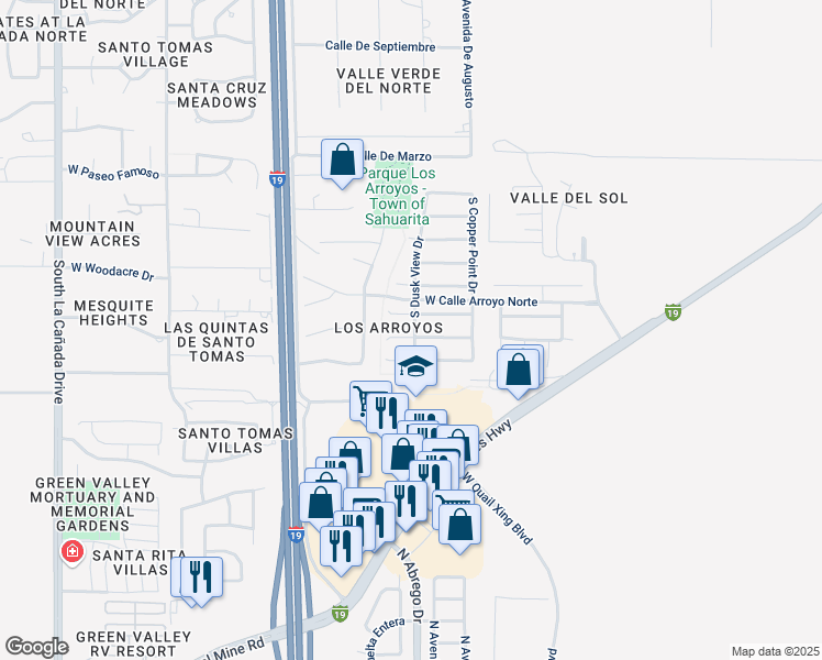 map of restaurants, bars, coffee shops, grocery stores, and more near 742 West Emerald Key Drive in Sahuarita