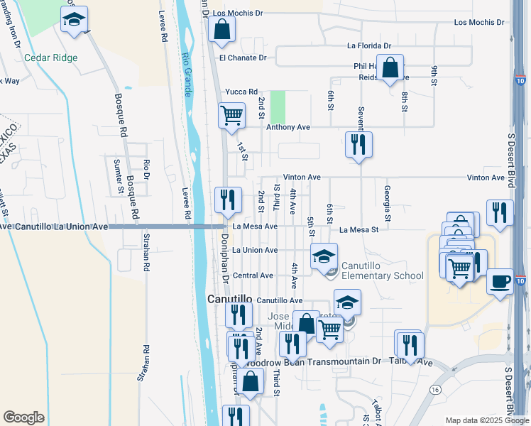 map of restaurants, bars, coffee shops, grocery stores, and more near 7105 Third Street in Canutillo