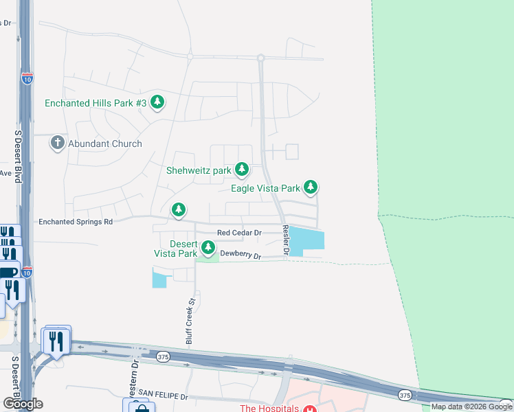 map of restaurants, bars, coffee shops, grocery stores, and more near 7445 Eagle Vista Drive in El Paso