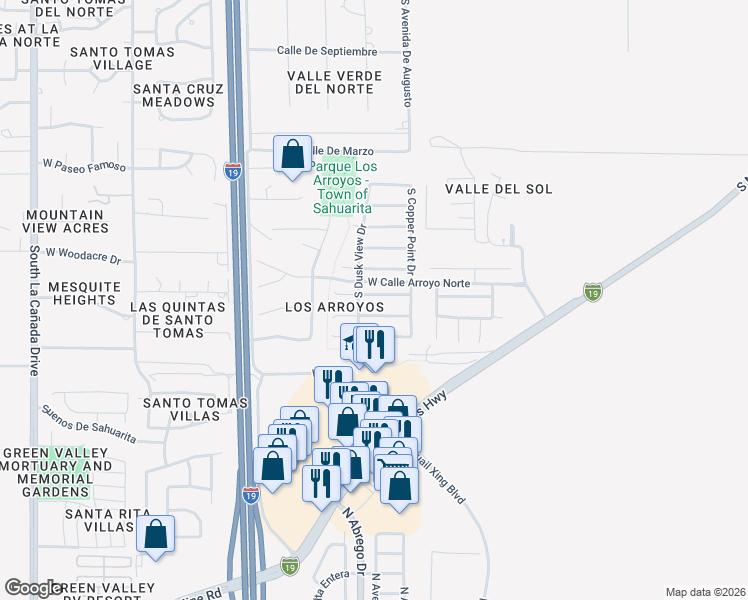 map of restaurants, bars, coffee shops, grocery stores, and more near 719 West Emerald Key Drive in Green Valley