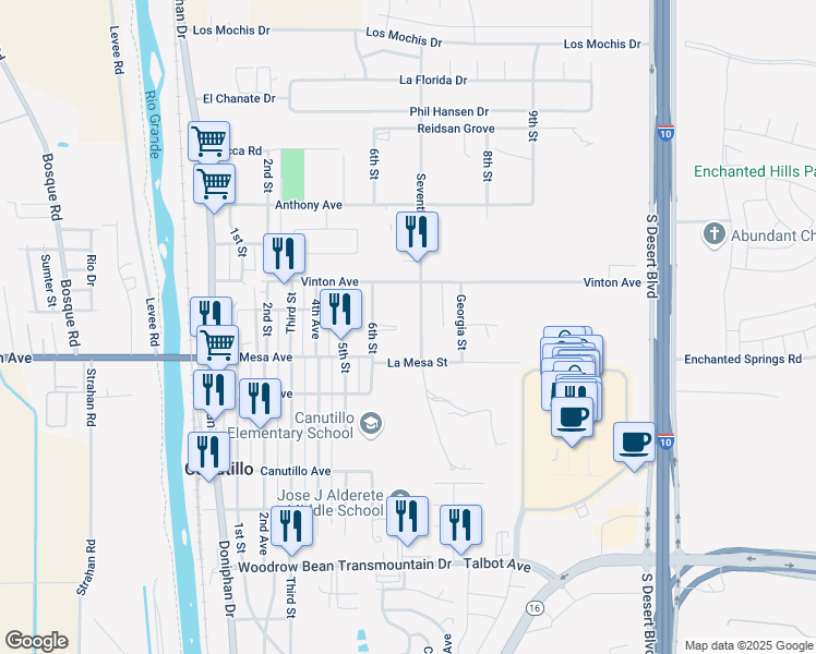 map of restaurants, bars, coffee shops, grocery stores, and more near 717 La Mesa Avenue in Canutillo