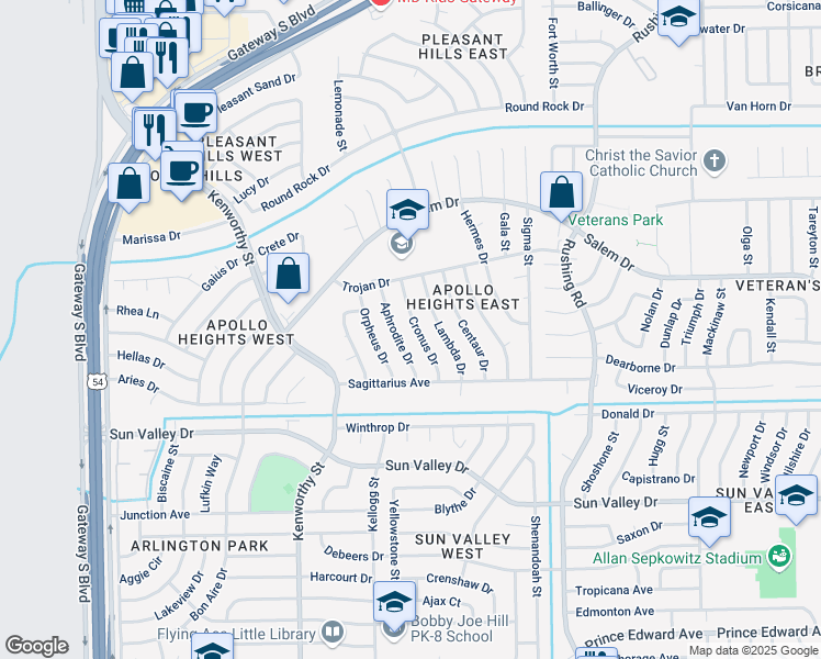 map of restaurants, bars, coffee shops, grocery stores, and more near 10459 Cronus Drive in El Paso