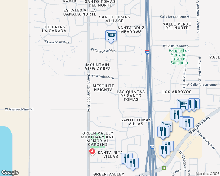 map of restaurants, bars, coffee shops, grocery stores, and more near 1203 West Woodacre Drive in Sahuarita
