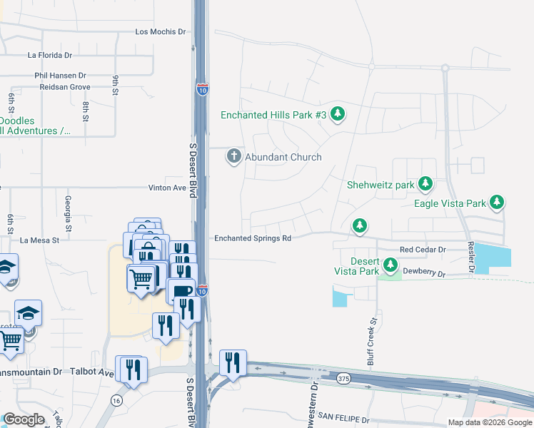 map of restaurants, bars, coffee shops, grocery stores, and more near 7849 Enchanted View Drive in El Paso