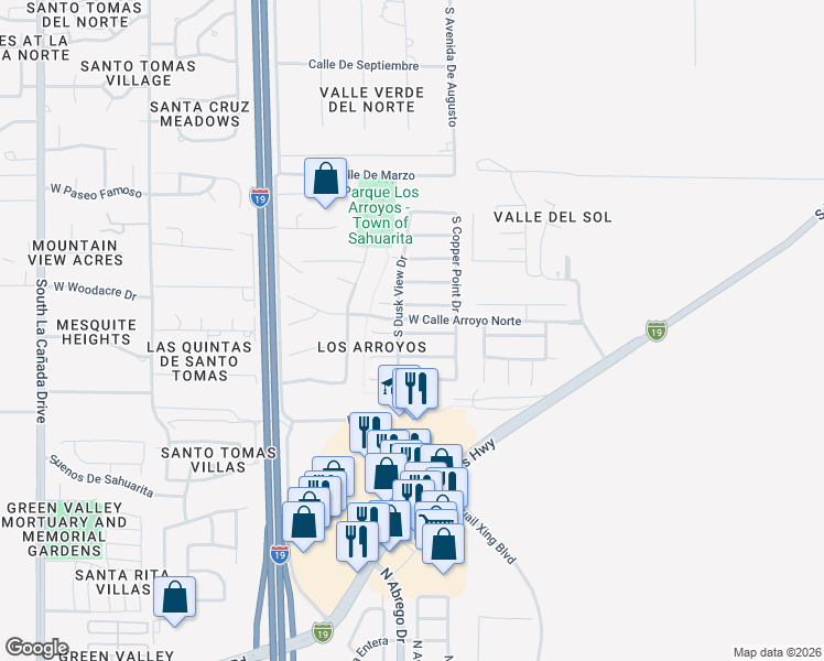 map of restaurants, bars, coffee shops, grocery stores, and more near 717 West Flaming Arrow Drive in Green Valley