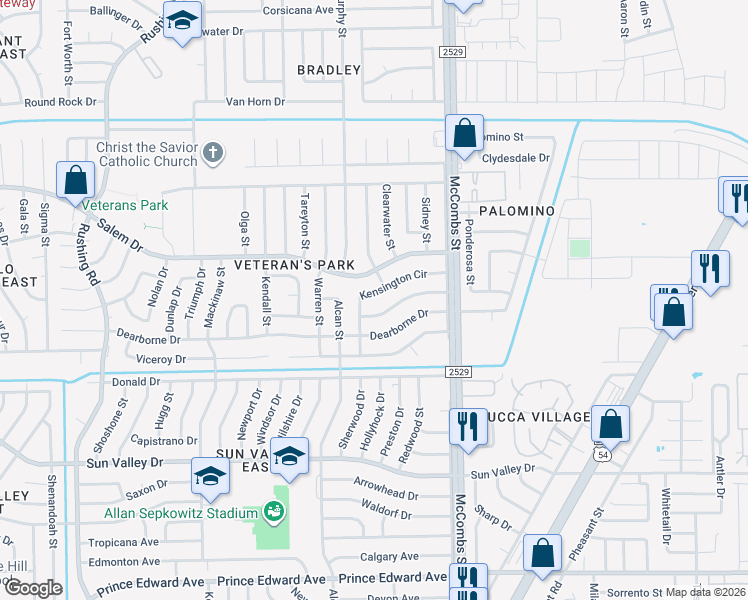 map of restaurants, bars, coffee shops, grocery stores, and more near 5642 Kensington Circle in El Paso