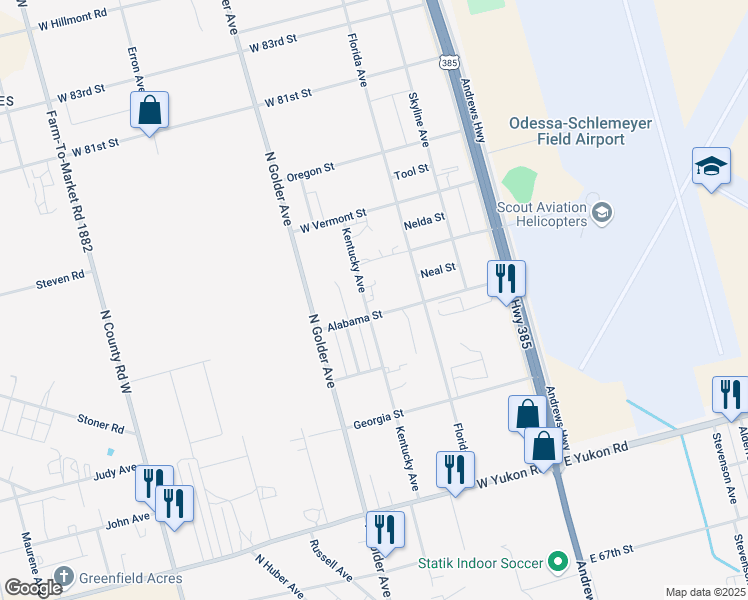 map of restaurants, bars, coffee shops, grocery stores, and more near 7518 Kentucky Avenue in Odessa