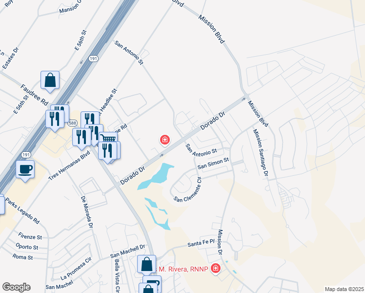 map of restaurants, bars, coffee shops, grocery stores, and more near 8101 San Antonio Street in Odessa