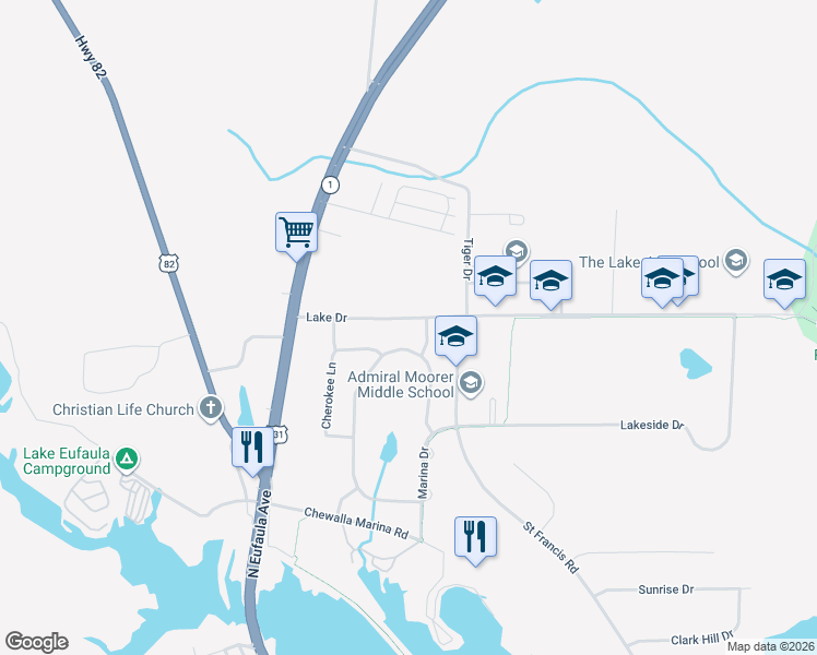 map of restaurants, bars, coffee shops, grocery stores, and more near 100-318 Lake Drive in Eufaula