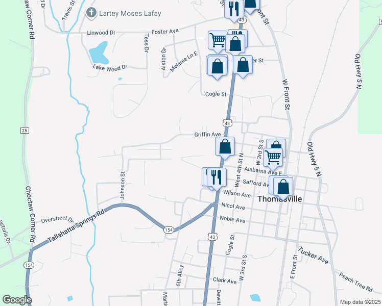 map of restaurants, bars, coffee shops, grocery stores, and more near 584 Hinson Street in Thomasville