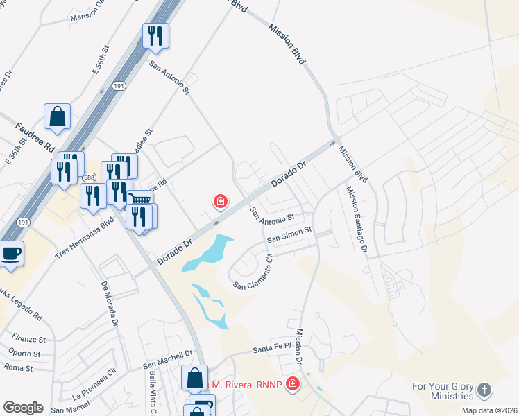 map of restaurants, bars, coffee shops, grocery stores, and more near 8109 San Antonio Street in Odessa