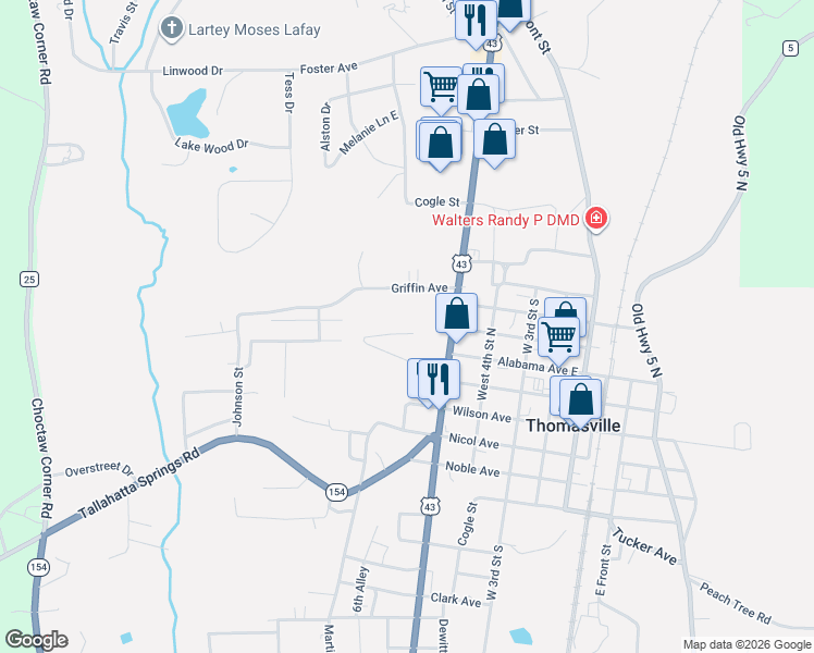 map of restaurants, bars, coffee shops, grocery stores, and more near 580 Hinson Street in Thomasville