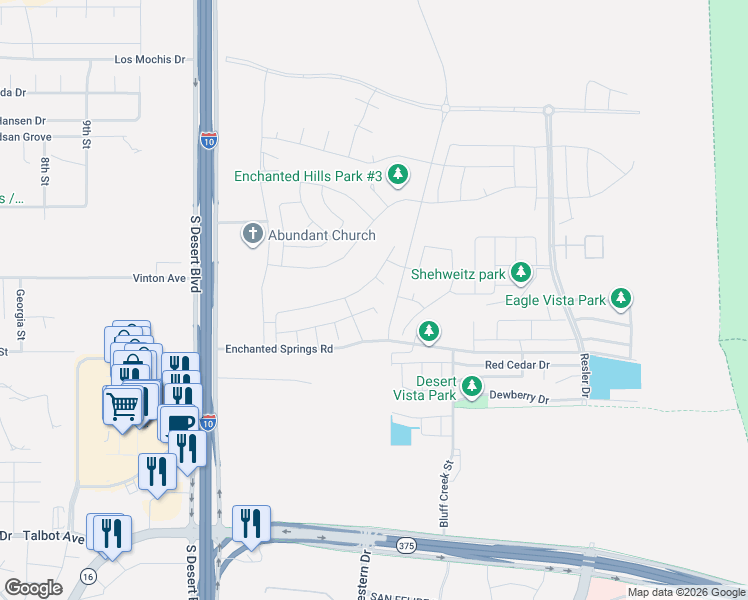 map of restaurants, bars, coffee shops, grocery stores, and more near 2168 Enchanted Wind Drive in El Paso