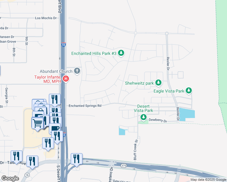 map of restaurants, bars, coffee shops, grocery stores, and more near 2168 Enchanted Wind Drive in El Paso