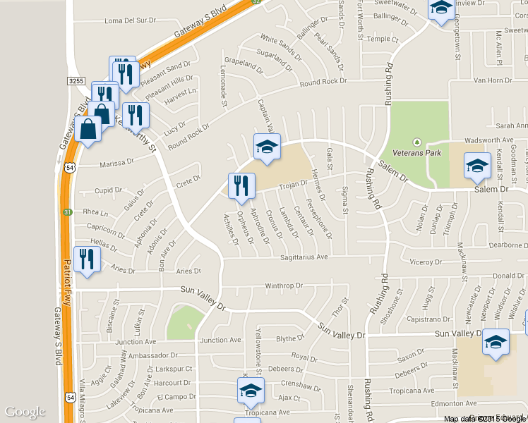 map of restaurants, bars, coffee shops, grocery stores, and more near 10459 Cronus Drive in El Paso